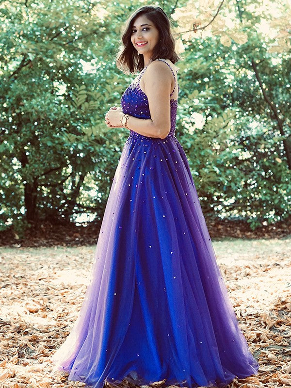 Vestido de noche de fiesta de corte A/princesa, de tul, con cuentas, escote redondo, sin mangas y largo hasta el suelo