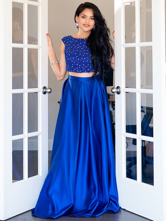 Vestido de noche de graduación de dos piezas, corte A/princesa, satén, con cuentas, escote redondo, sin mangas, largo hasta el suelo