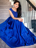 A-Line/Princess Satin Beading Scoop Sleeveless Floor-Length Two Piece Dresses Prom Evening Dress