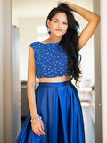 A-Line/Princess Satin Beading Scoop Sleeveless Floor-Length Two Piece Dresses Prom Evening Dress