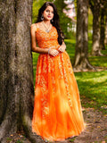 A-Line/Princess Tulle Applique V-neck Sleeveless Floor-Length Two Piece Dresses Prom Evening Dress