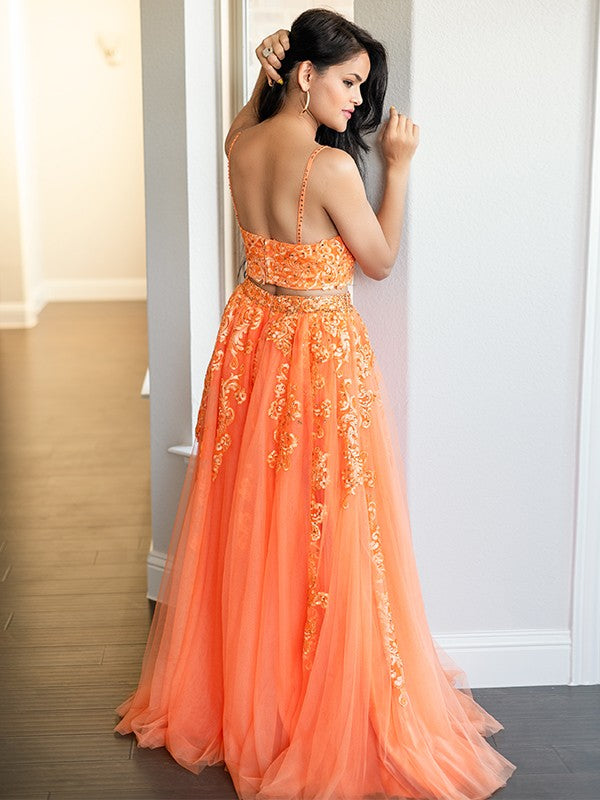 A-Line/Princess Tulle Applique V-neck Sleeveless Floor-Length Two Piece Dresses Prom Evening Dress
