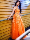 A-Line/Princess Tulle Applique V-neck Sleeveless Floor-Length Two Piece Dresses Prom Evening Dress