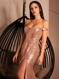 Vestido de noche de fiesta con lentejuelas, volantes, hombros descubiertos, sin mangas y cola larga.