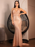 Vestido de noche de fiesta con escote en V fruncido, sin mangas, con lentejuelas y cola larga