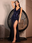 Vestido de noche de fiesta con escote en V fruncido, sin mangas y largo hasta el suelo con lentejuelas y corte tubo/columna