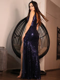 Vestido de noche de fiesta con escote en V fruncido, sin mangas y largo hasta el suelo con lentejuelas y corte tubo/columna