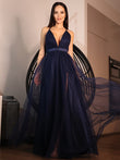 Vestido de noche de fiesta de corte A/princesa, de tul, con volantes, escote en V, sin mangas y largo hasta el suelo