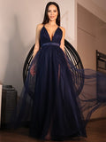 Vestido de noche de fiesta de corte A/princesa, de tul, con volantes, escote en V, sin mangas y largo hasta el suelo