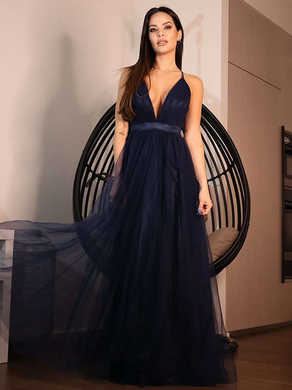 Vestido de noche de fiesta de corte A/princesa, de tul, con volantes, escote en V, sin mangas y largo hasta el suelo