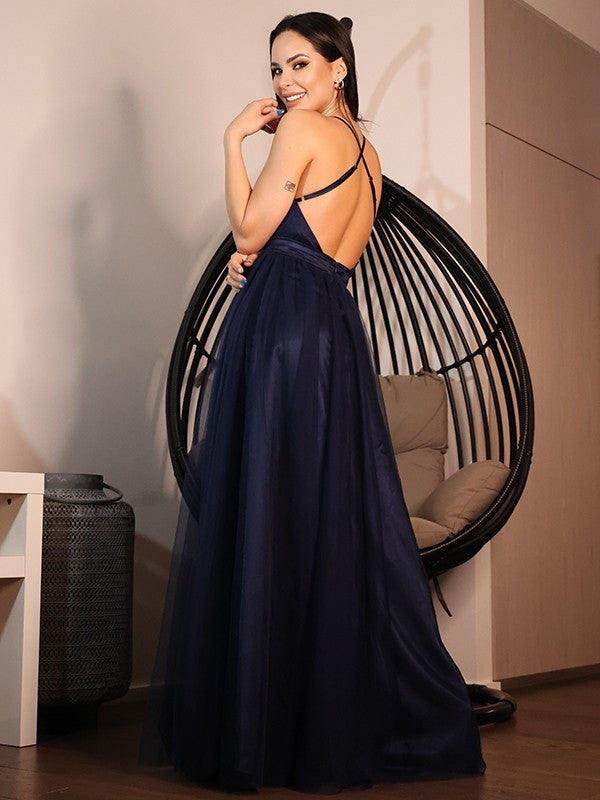 Vestido de noche de fiesta de corte A/princesa, de tul, con volantes, escote en V, sin mangas y largo hasta el suelo