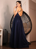 Vestido de noche de fiesta de corte A/princesa, de tul, con volantes, escote en V, sin mangas y largo hasta el suelo