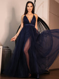 Vestido de noche de fiesta de corte A/princesa, de tul, con volantes, escote en V, sin mangas y largo hasta el suelo