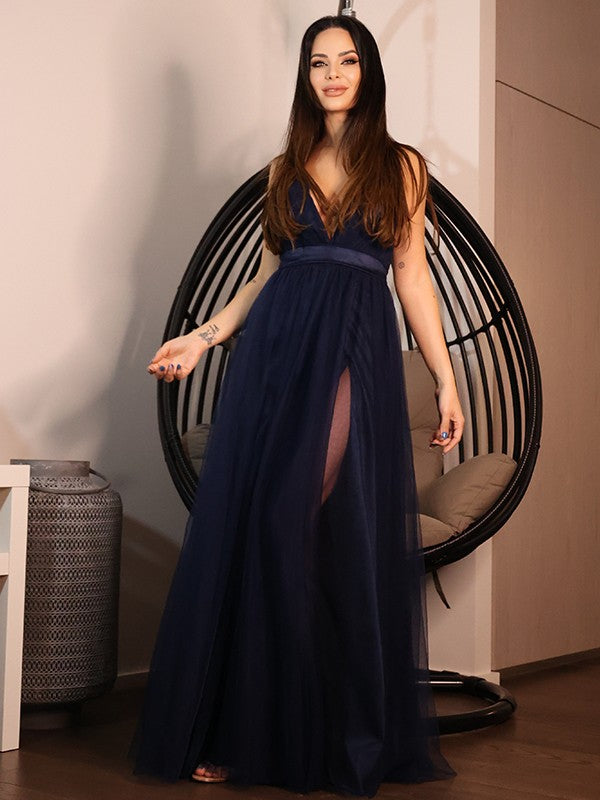 Vestido de noche de fiesta de corte A/princesa, de tul, con volantes, escote en V, sin mangas y largo hasta el suelo