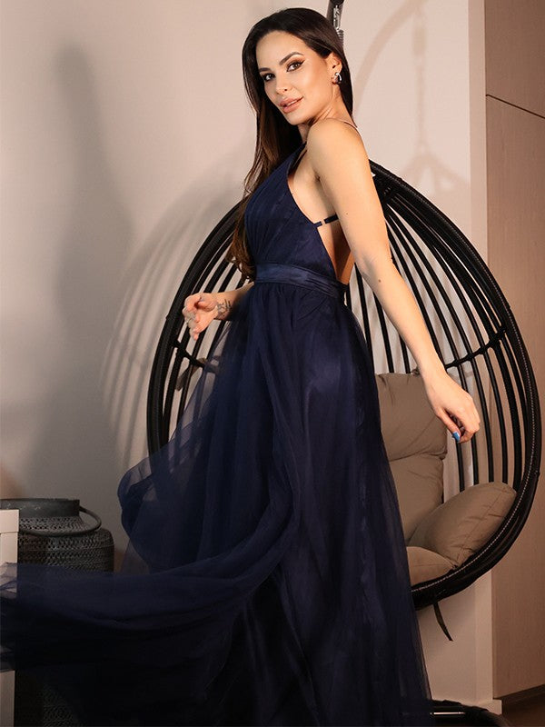 Vestido de noche de fiesta de corte A/princesa, de tul, con volantes, escote en V, sin mangas y largo hasta el suelo