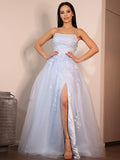 Vestido de noche de graduación con corte A/princesa, encaje, volantes, tirantes finos, sin mangas, largo hasta el suelo