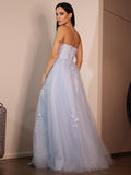 Vestido de noche de graduación con corte A/princesa, encaje, volantes, tirantes finos, sin mangas, largo hasta el suelo
