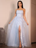 Vestido de noche de graduación con corte A/princesa, encaje, volantes, tirantes finos, sin mangas, largo hasta el suelo
