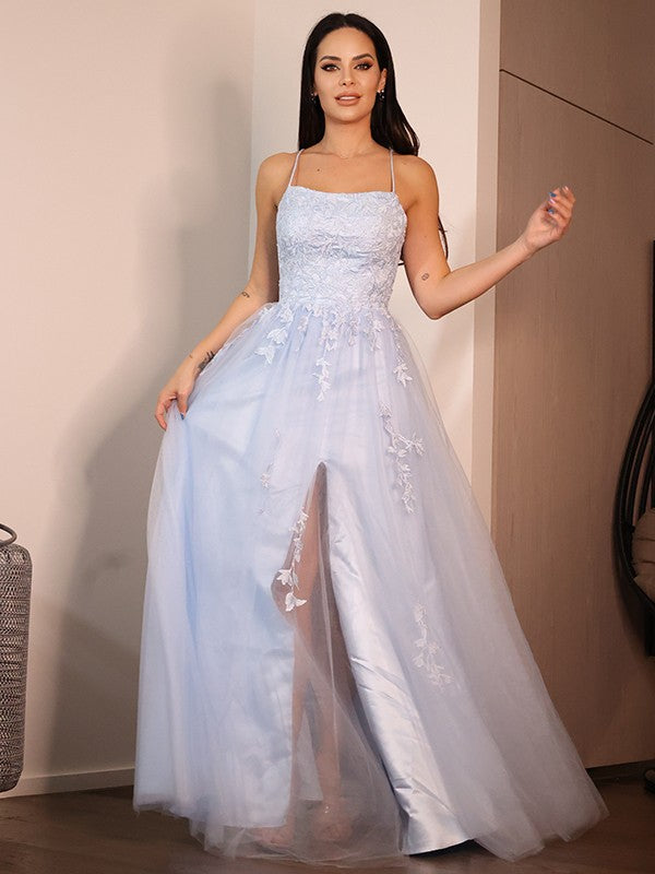 Vestido de noche de graduación con corte A/princesa, encaje, volantes, tirantes finos, sin mangas, largo hasta el suelo