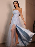 Vestido de noche de graduación con corte A/princesa, encaje, volantes, tirantes finos, sin mangas, largo hasta el suelo