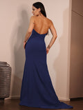 Vestido de noche de fiesta con corte tubo/columna, elástico, de crepé, fruncido, sin tirantes, sin mangas y con cola larga