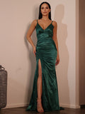 Vestido de noche de graduación con corte tubo/columna, satén tipo seda, fruncido, escote en V, sin mangas, con cola larga