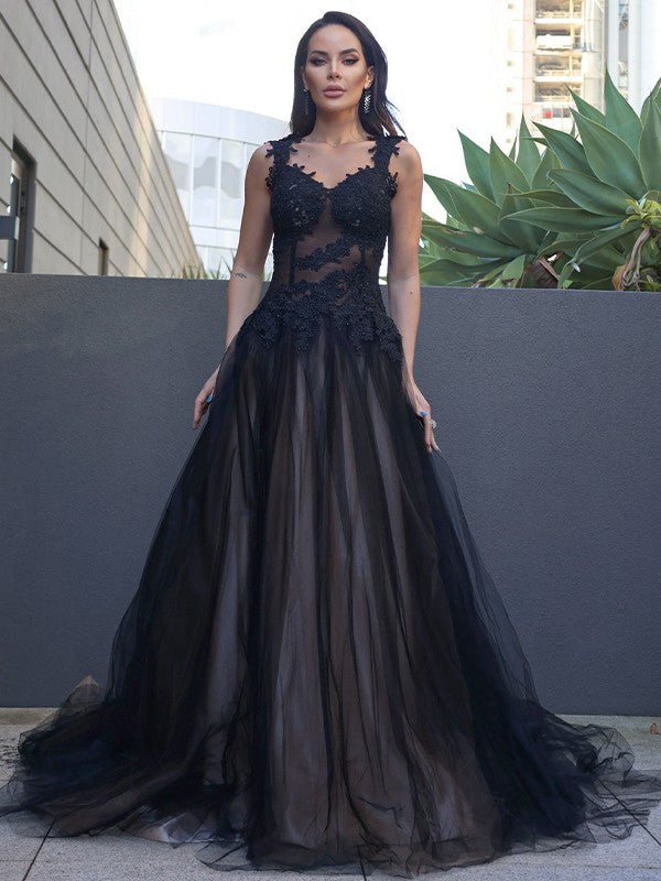 Vestido de noche de graduación con corte A/princesa, tul, encaje, escote corazón, sin mangas, cola larga