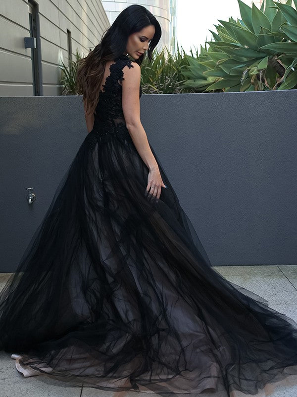 Vestido de noche de graduación con corte A/princesa, tul, encaje, escote corazón, sin mangas, cola larga