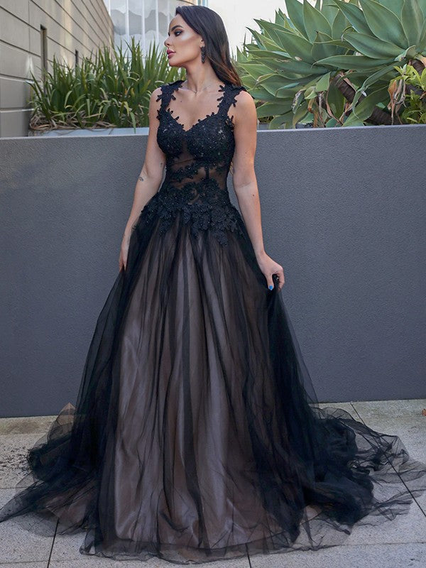 Vestido de noche de graduación con corte A/princesa, tul, encaje, escote corazón, sin mangas, cola larga