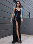 Vestido de noche de fiesta con escote en V, sin mangas, largo hasta el suelo, con lentejuelas y volantes