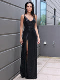 Vestido de noche de fiesta con escote en V, sin mangas, largo hasta el suelo, con lentejuelas y volantes