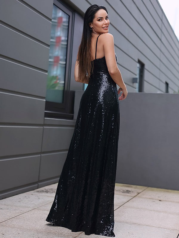 Vestido de noche de fiesta con escote en V, sin mangas, largo hasta el suelo, con lentejuelas y volantes