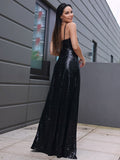 Vestido de noche de fiesta con escote en V, sin mangas, largo hasta el suelo, con lentejuelas y volantes