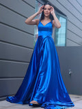 Vestido de noche de graduación con corte A/princesa, satén tipo seda, volantes, escote en V, sin mangas, cola larga