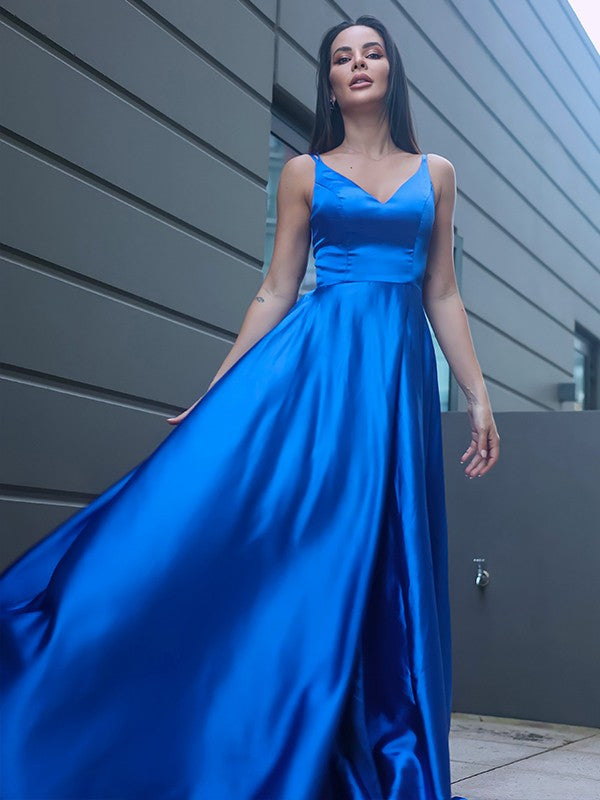 Vestido de noche de graduación con corte A/princesa, satén tipo seda, volantes, escote en V, sin mangas, cola larga