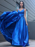Vestido de noche de graduación con corte A/princesa, satén tipo seda, volantes, escote en V, sin mangas, cola larga