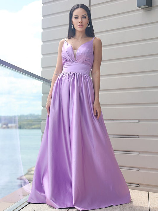 Vestido de noche de graduación de corte A/princesa, de satén, fruncido, escote en V, sin mangas, con cola larga
