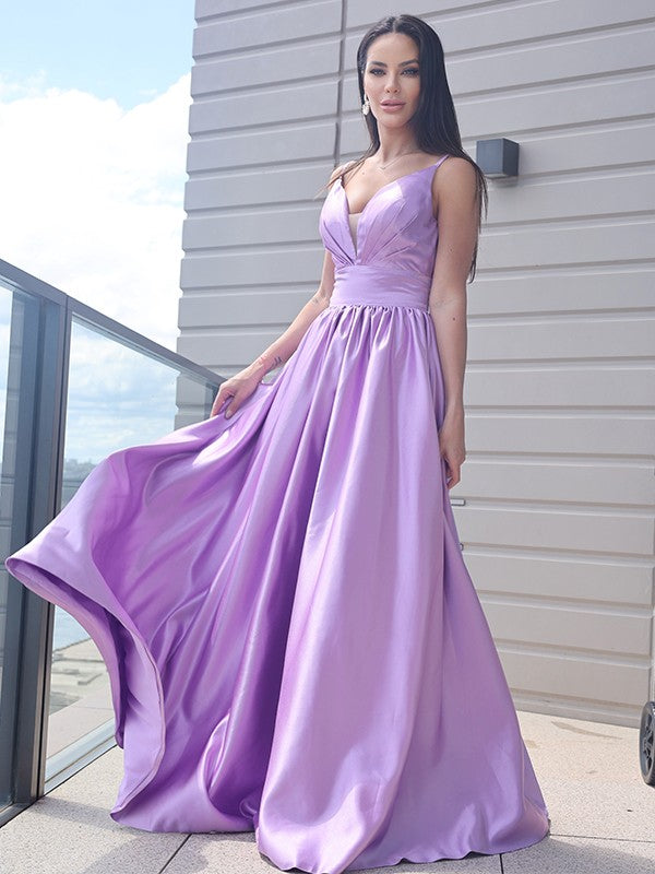 Vestido de noche de graduación de corte A/princesa, de satén, fruncido, escote en V, sin mangas, con cola larga
