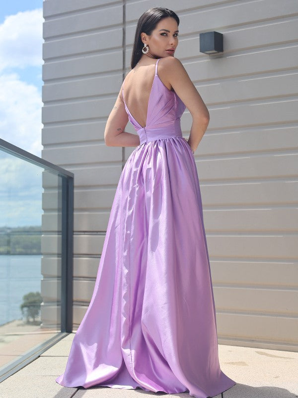 Vestido de noche de graduación de corte A/princesa, de satén, fruncido, escote en V, sin mangas, con cola larga