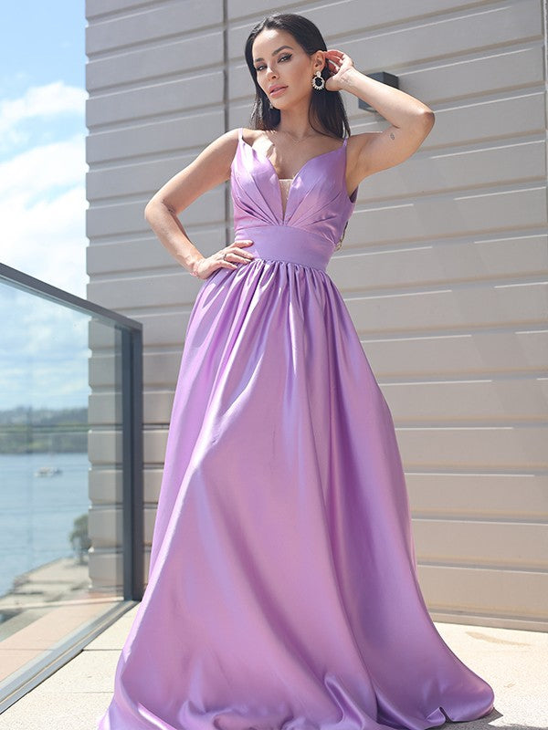 Vestido de noche de graduación de corte A/princesa, de satén, fruncido, escote en V, sin mangas, con cola larga