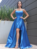 Vestido de noche de graduación, corte A/princesa, satén, volantes, tirantes finos, sin mangas, cola larga