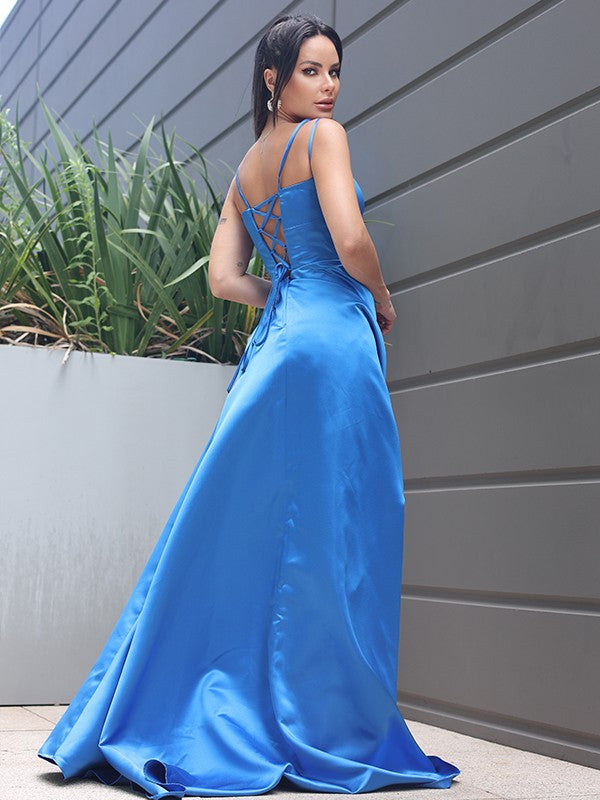Vestido de noche de graduación, corte A/princesa, satén, volantes, tirantes finos, sin mangas, cola larga