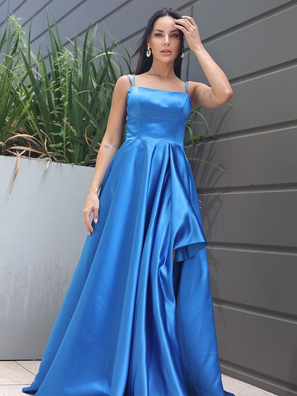 Vestido de noche de graduación, corte A/princesa, satén, volantes, tirantes finos, sin mangas, cola larga