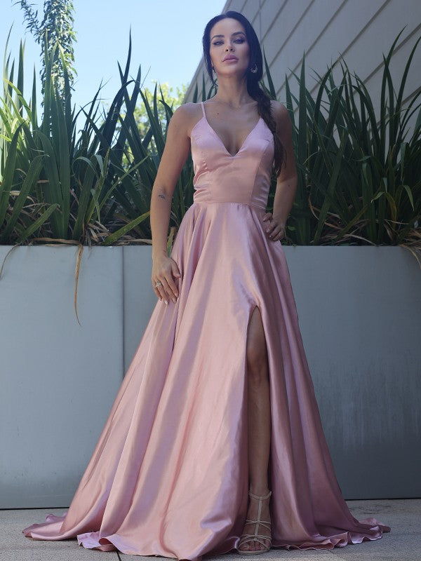 Vestido de noche de graduación con corte A/princesa, satén tipo seda, volantes, escote en V, sin mangas, cola larga
