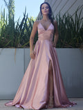 Vestido de noche de graduación con corte A/princesa, satén tipo seda, volantes, escote en V, sin mangas, cola larga