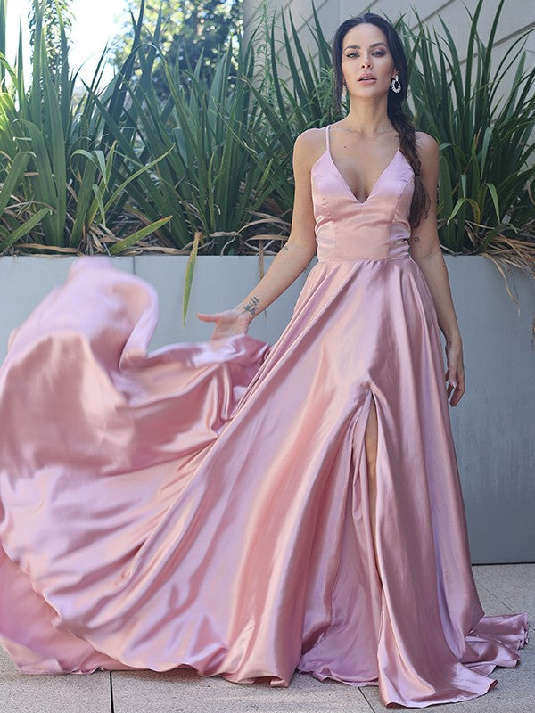 Vestido de noche de graduación con corte A/princesa, satén tipo seda, volantes, escote en V, sin mangas, cola larga