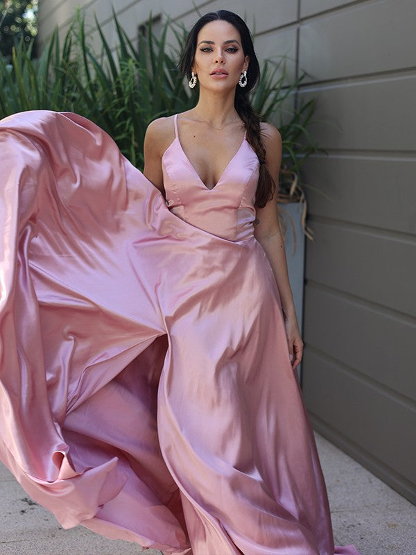 Vestido de noche de graduación con corte A/princesa, satén tipo seda, volantes, escote en V, sin mangas, cola larga