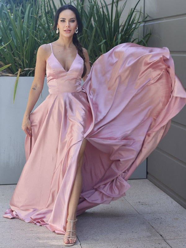 Vestido de noche de graduación con corte A/princesa, satén tipo seda, volantes, escote en V, sin mangas, cola larga