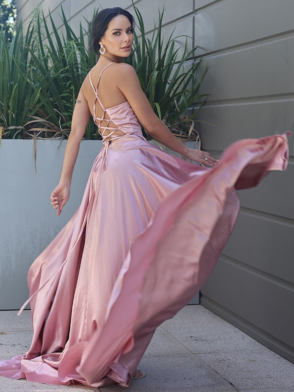 Vestido de noche de graduación con corte A/princesa, satén tipo seda, volantes, escote en V, sin mangas, cola larga