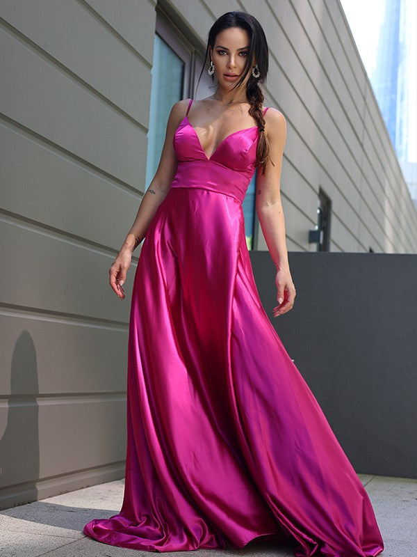 Vestido de noche de graduación con corte A/princesa, satén tipo seda, volantes, escote en V, sin mangas, cola larga